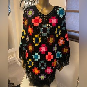 Crochet black boho poncho cape